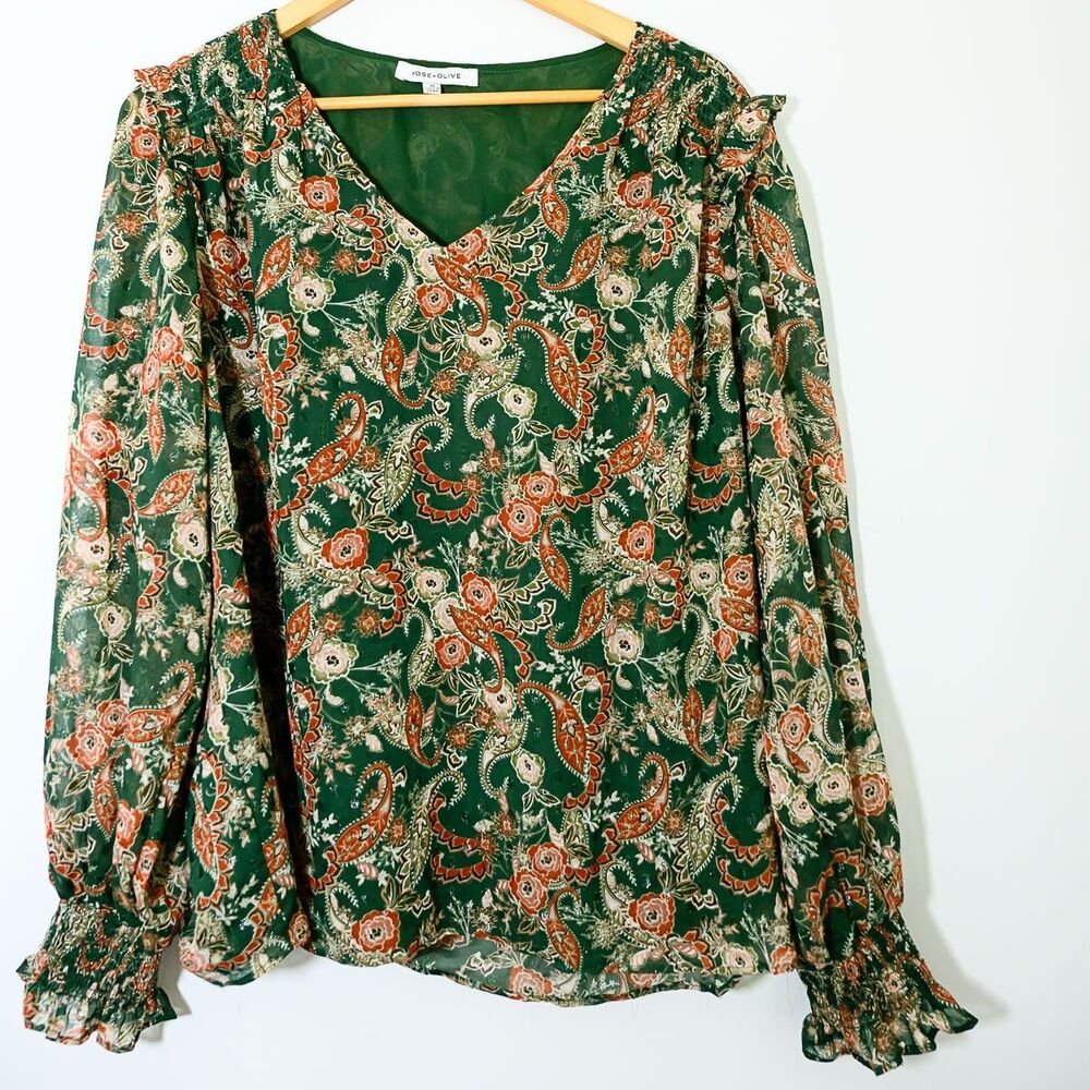 Rose & Olive Blouse XL Green floral paisley Boho Office Casual fairy